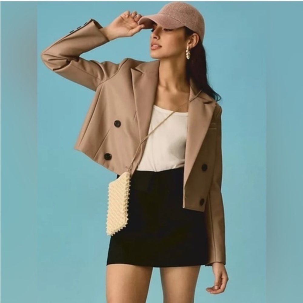 💋 Anthropologie Tan Double-Breasted faux leather Jacket